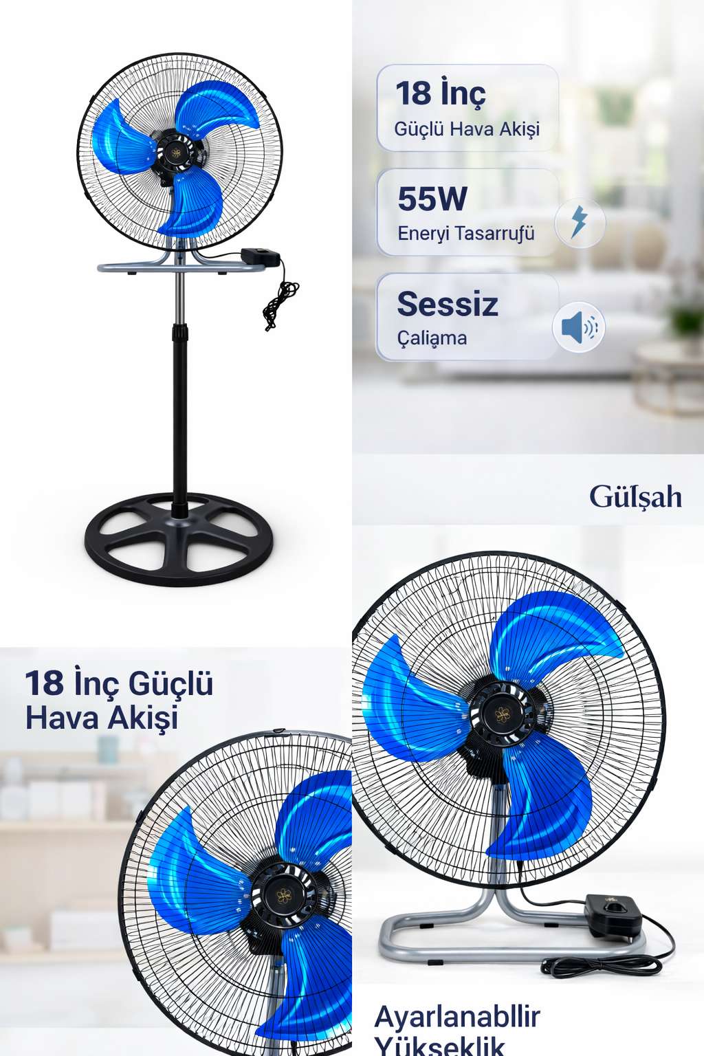 Ayaklı Vantilatör 18” | Güçlü ve Sessiz Fan | 55W Tasarruflu | Yükseklik Ayarlı | Ev Tipi Siyah - Görsel 5